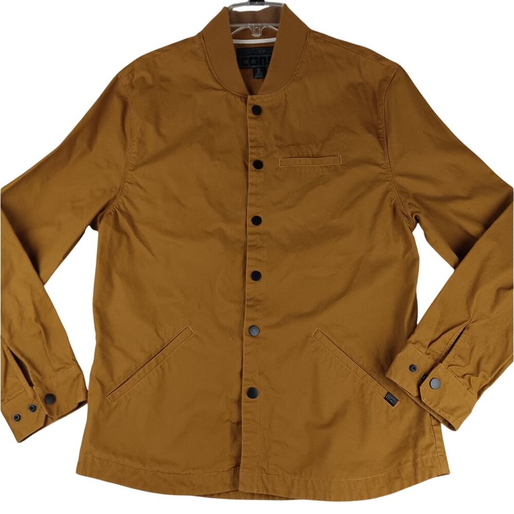 Converse‎ Cons Coaches Denim Jacket Mens XL Tan Snap Ribbed Collar Pockets Sport
